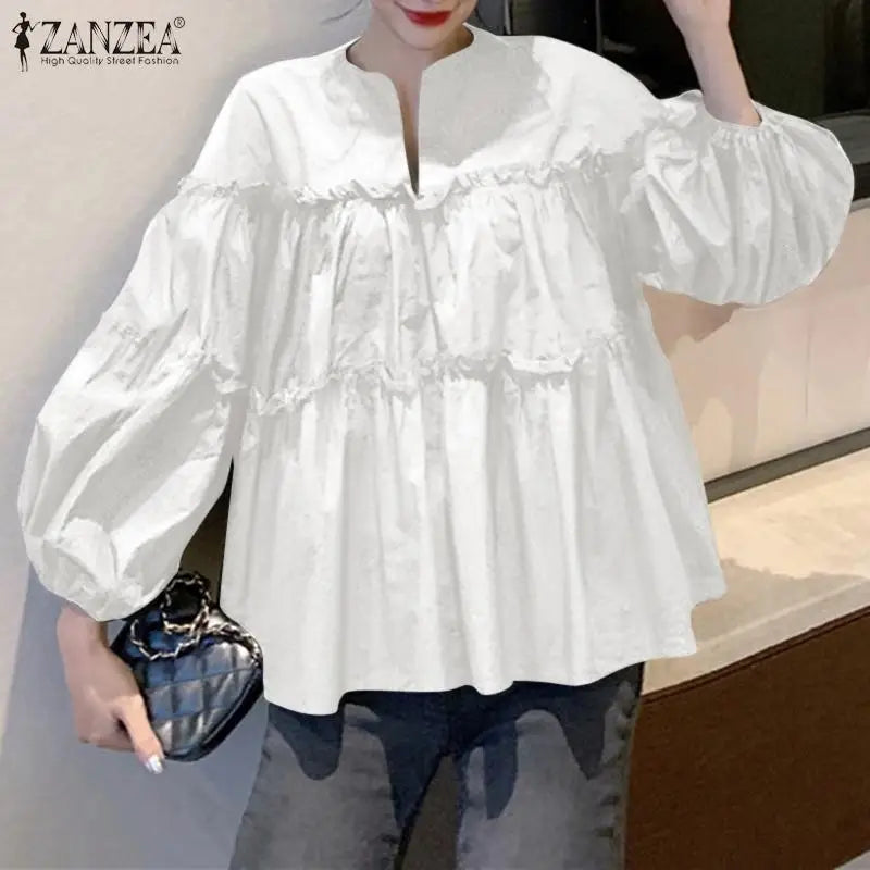 ZANZEA Fashion Women Long Puff Sleeve Blouse Autumn Spring Eelgant Shirt Ruffles Blusas Femininas Mujer Party Work Tops Tunic