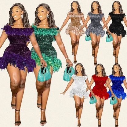 Spring And Summer Women's Clothing MINI Short Solid Color New Wind Sequins Halter Beach Dress One-word Shoulder Feathers Spice G