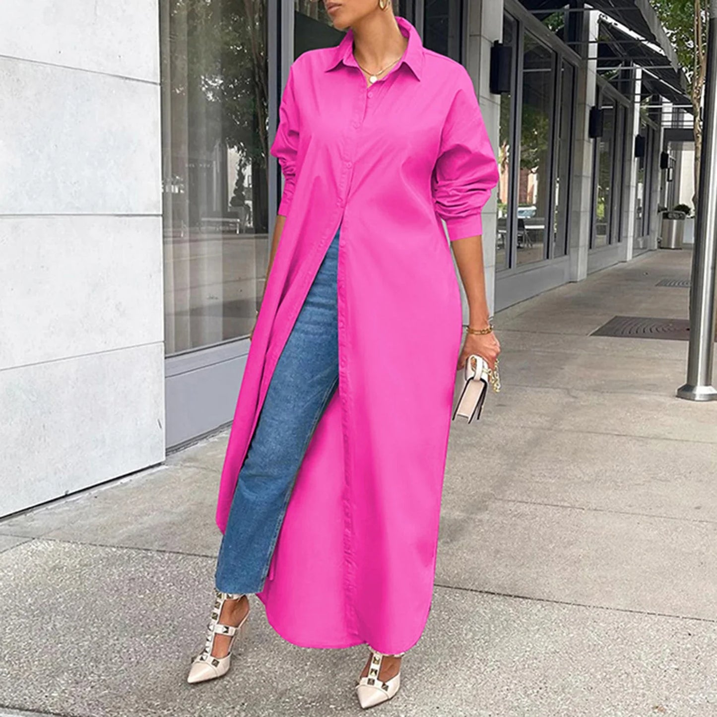 Women Shirt Windproof Shirt Dress Versatile Hem Stylish Autumn Winter Solid Color Shirt Long Dress