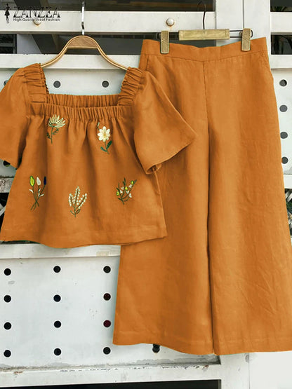 ZANZEA Women Short Sleeve Square Collar Tops Elastic Waist Pant Sets Summer Outfits Elegant Floral Embroidery Two Piece Suts