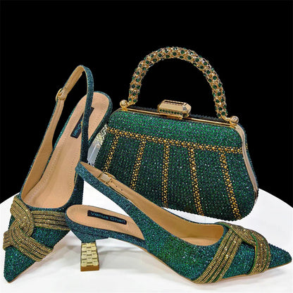 Venus Chan 2024 Special Design High Quality Orange Color African Women Shoes and Bag Set with Shinning Crystal for Wedding Party
