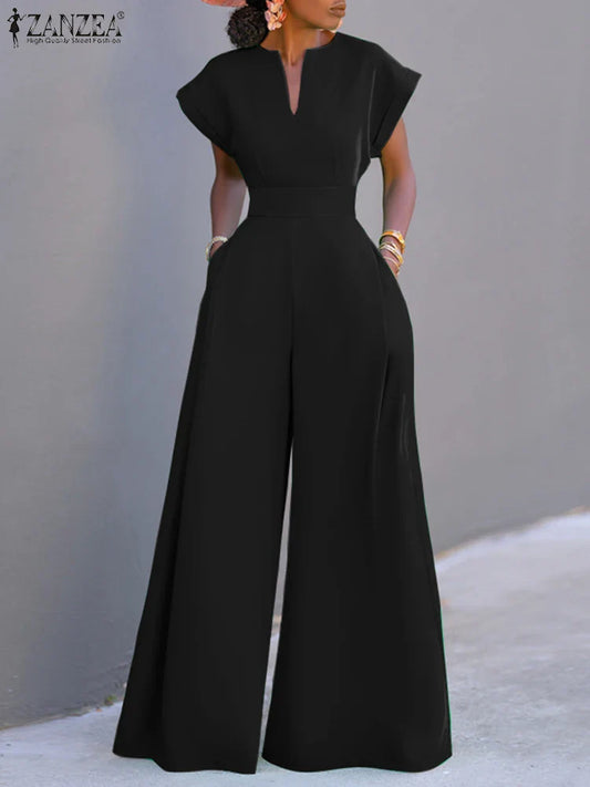 ZANZEA Short Sleeve 2023 Summer Long Rompers Commuting Elegant Holiday Women Playsuit Wide Leg Pants Casual Jumpsuits Overalls