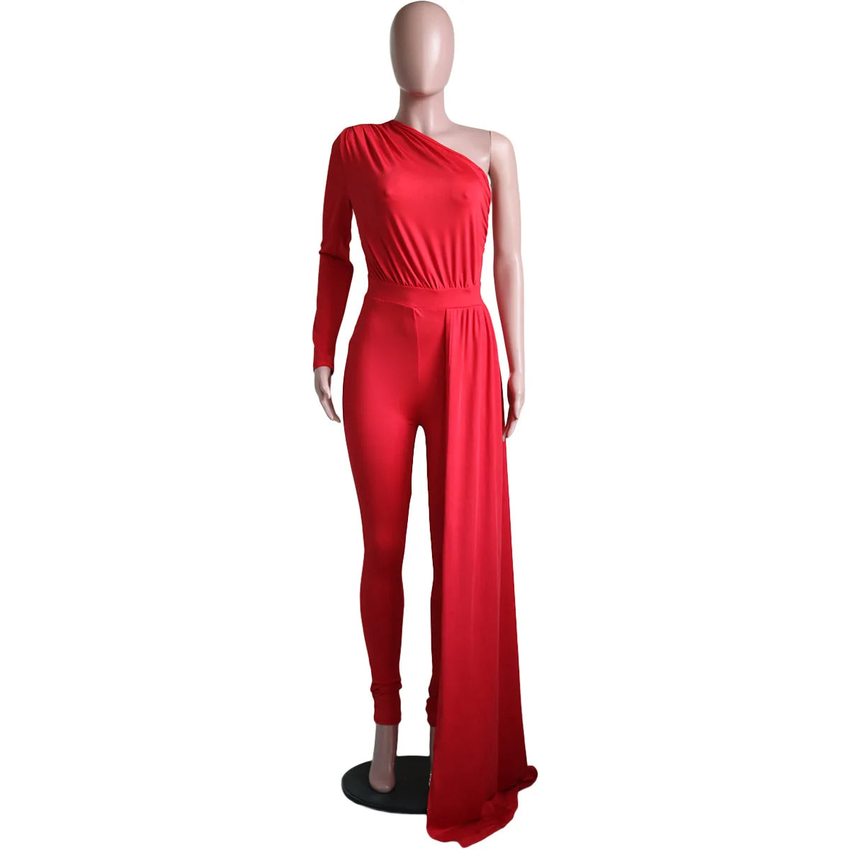 Red Puff Sleeve One Shoulder Long Sleeve Jumpsuits