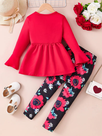 Spring and Autumn girls fashion outdoor casual 2-piece set solid color round neck flared sleeve hem pleated shirt + printed tigh