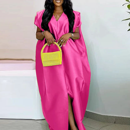 VONDA Plus Size Bohemian Women Maxi Dress 2025 Summer Split Long Sundress V-Neck Short Sleeve Casual Solid Party Satin Robe 5XL