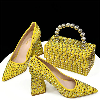 Venus Chan-Nigerian Heel Party for Women Yellow Shoes and Bag Set Rhinestone Handbag Italian Design Wedding INS 2024