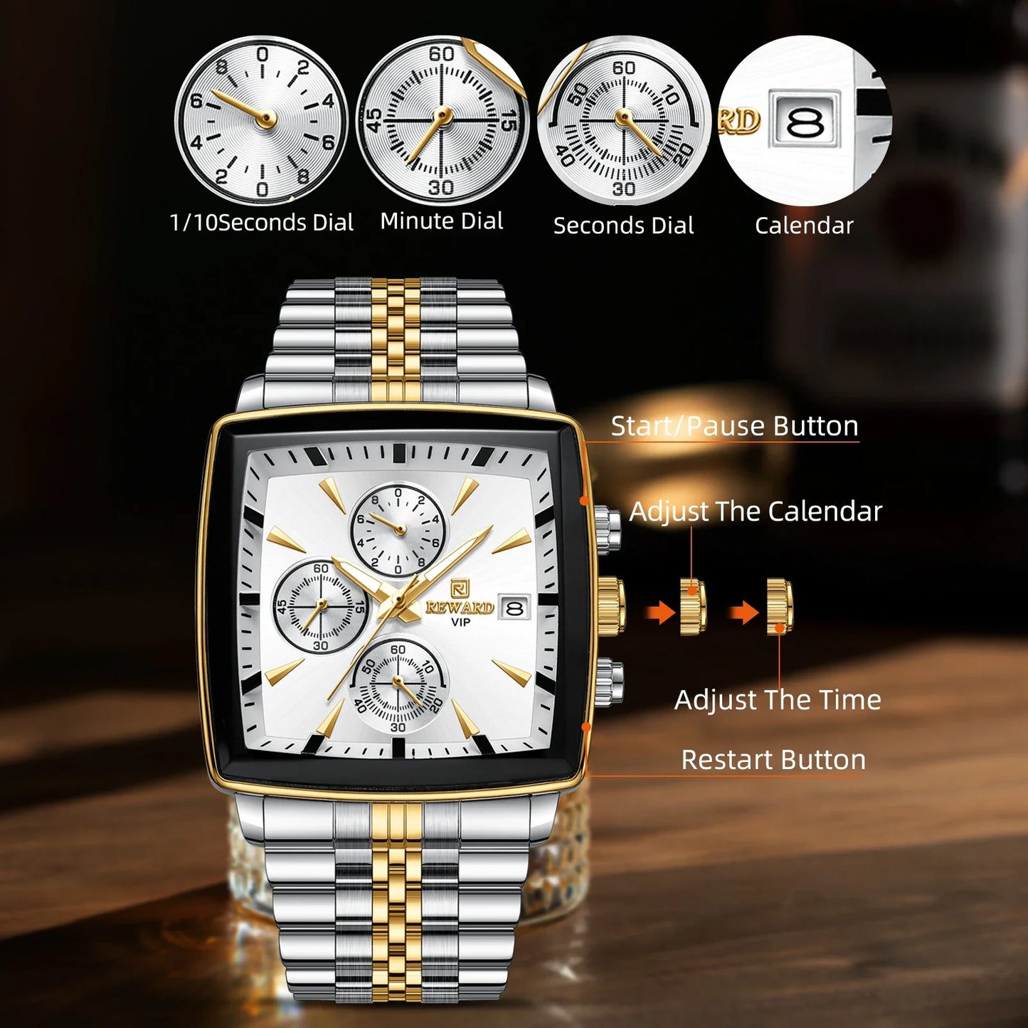 REWARD VIP Mens Watches Waterproof Luminous Sport Watches for Man Stainless Steel Wristwatch Chronograph Date Stopwatch