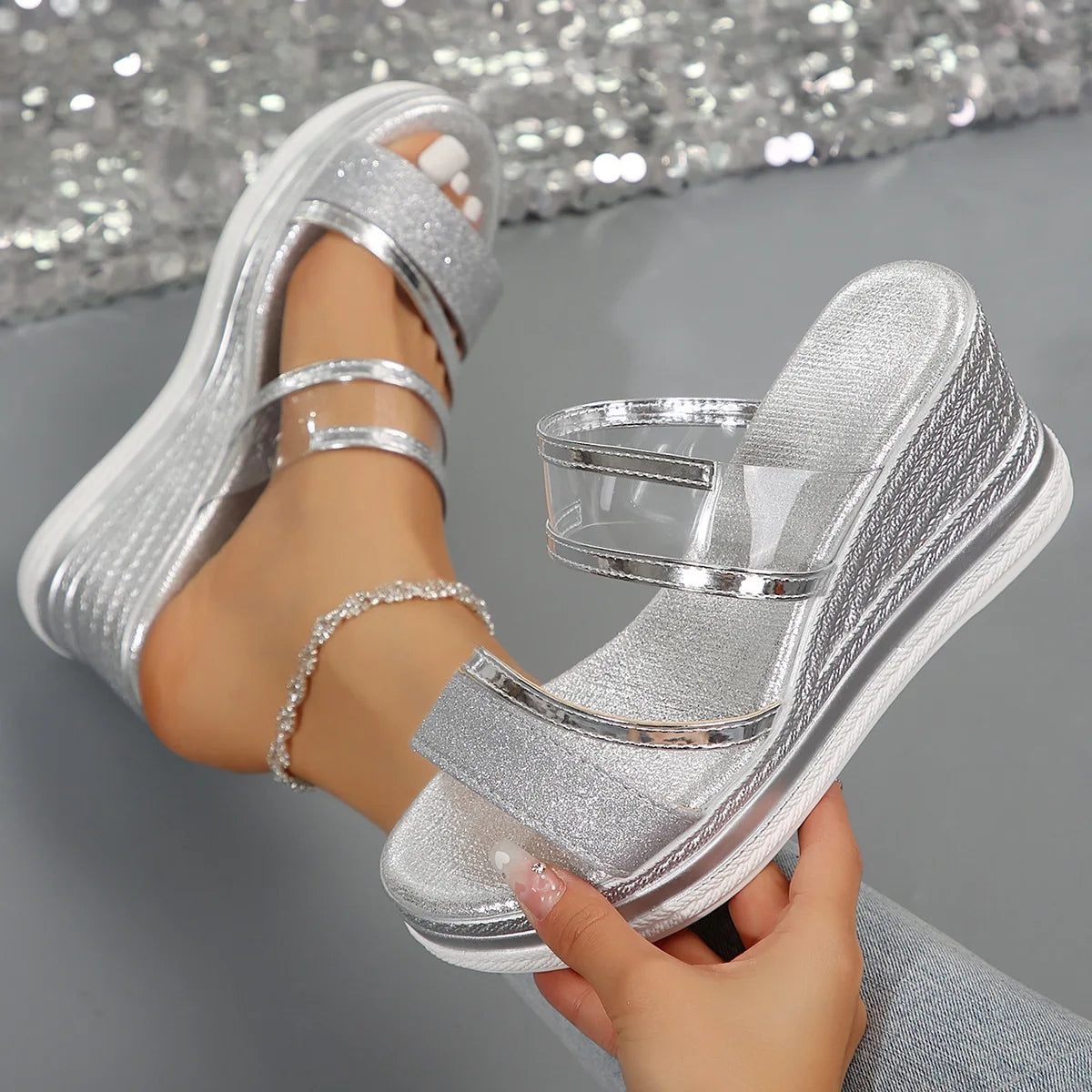 Women's Wedges Sandals Luxury Platform Slippers Sexy Open Toe Women Shoes Shiny High Heels Women Beach Shoes sandalias de mujer