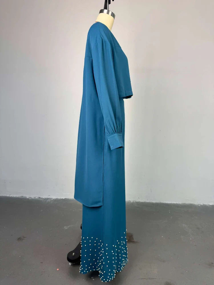 two piece sets women outfits o neck long lantern sleeve tops Embroidered Flares wide leg trousers fashion casual party Pant Sets