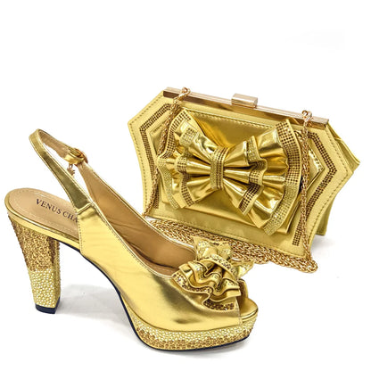 Venus Chan Open Toe Women Heels for 2024 Elegant Party Green Color Diamond Pumps Italian Shoes and Bags Matching Set