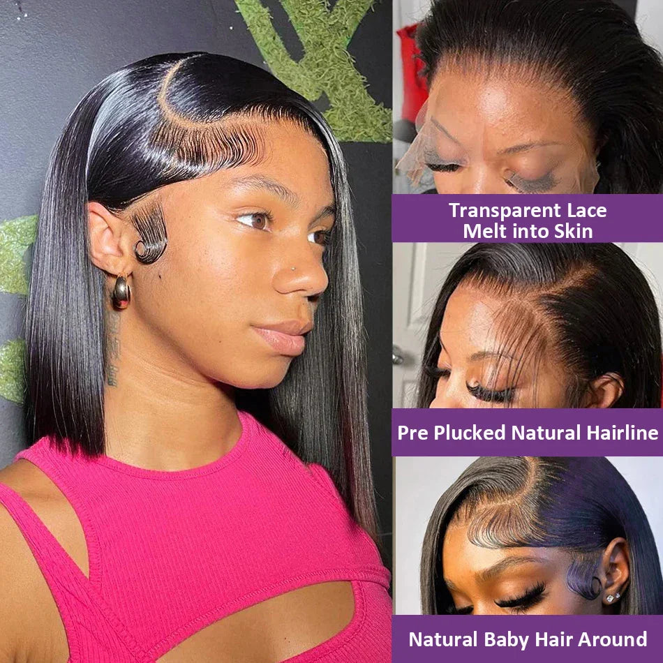 Straight Short Bob Wigs 13x4 Human Hair Lace Frontal Wigs 200% Remy Pre Plucked Transparent Lace 4x4 Short Bob Wigs For Women