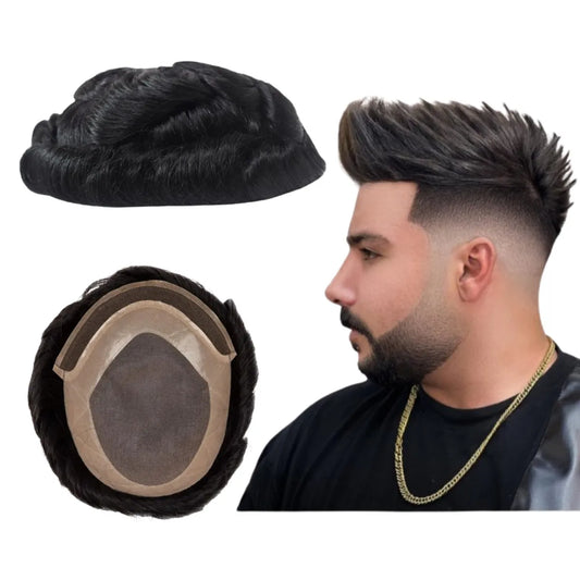 Toupee for Men Human Hair Wigs Men Toupee NPU with Lace Front Hair Units Curly Wave Men Toupee Hair Real Human System