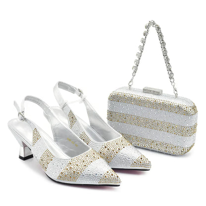 RUTIALNT Silver & Gold Crystal Shoe and Bag Set for Women