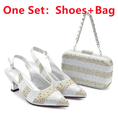 RUTIALNT Silver & Gold Crystal Shoe and Bag Set for Women