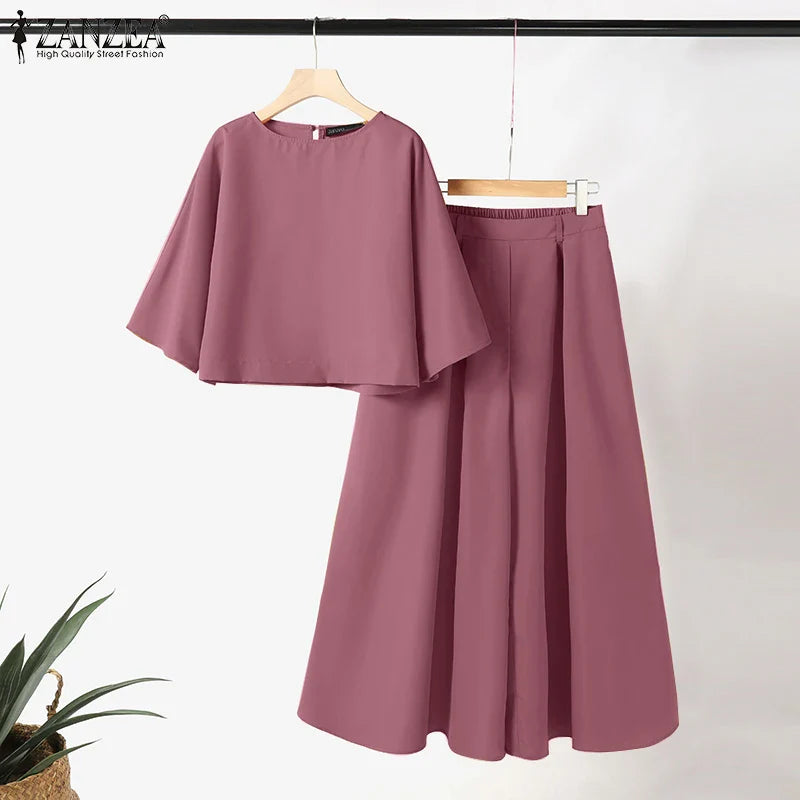ZANZEA 2PCS Women Summer Pant Sets Casual Solid Work Outfits 3/4 Sleeve Blouse Wide Leg Trousers Suit 2025 Fashion Matching Sets