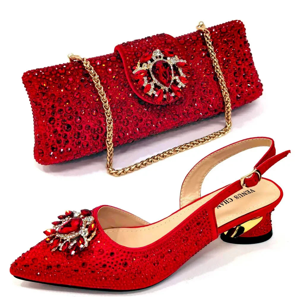 New Arrival Fashion Shoes Matching Bag Set Royal Blue Color Decorated with Crystal Ladies Wedding Party Women High Heel