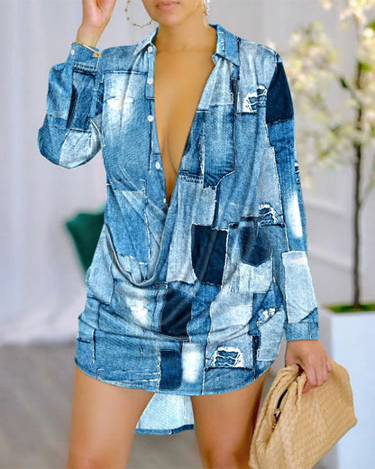 Women Urban Blouses 2024 Spring Summer Hot Selling Sexy Deep V-Neck Fashion Printed Long Sleeved Shirt Dress Loose Versatile Top