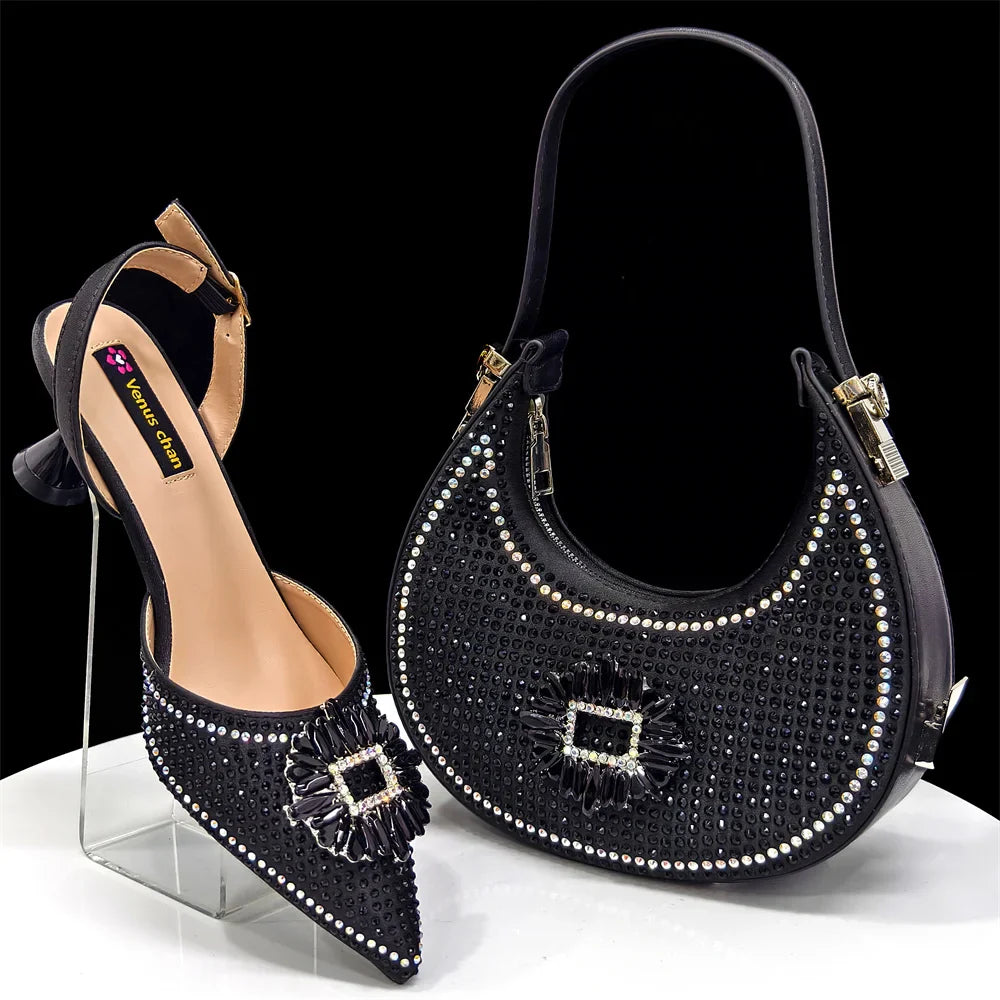 Venus Chan Luxury Rhinestone Heel & Handbag Set – Black & Gold Party Combo