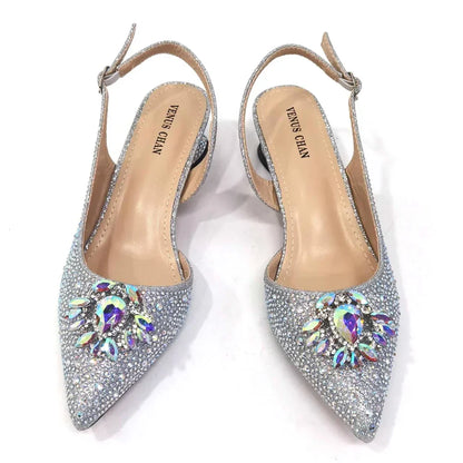 New Arrival Fashion Shoes Matching Bag Set Royal Blue Color Decorated with Crystal Ladies Wedding Party Women High Heel