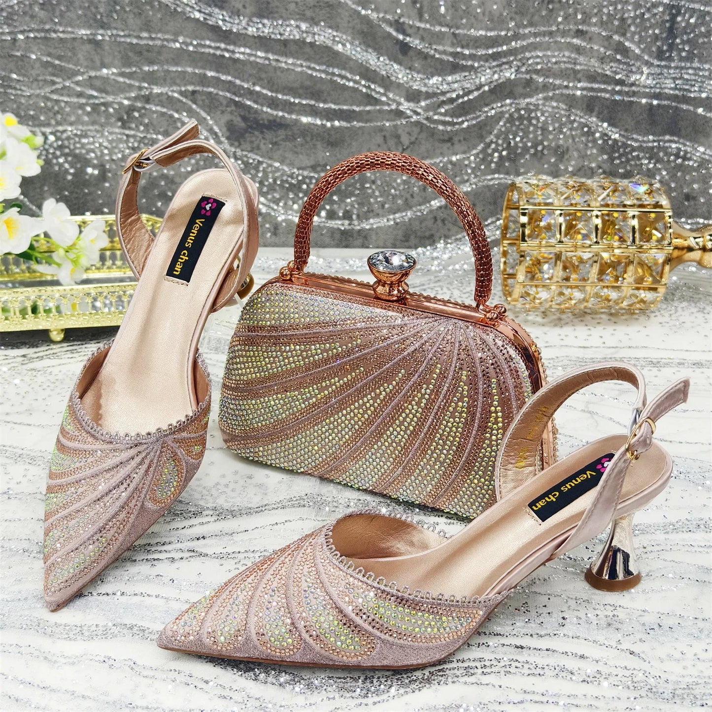 Venus Chan 2025 New Shoes and Bag to Match Orange Colour Pointed-Toe Diamond-Studded Party Women's High Heels Ms. Banguet Scene