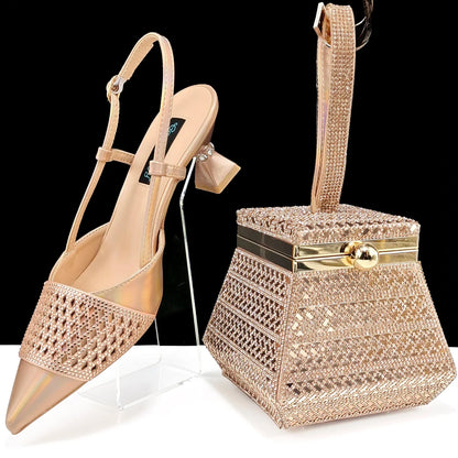 Nigeria Fashion Rhinestone-encrusted Ladies Party Shoes And Special bag High Heels And Dual Purpose Mini Bag Women's Shoes