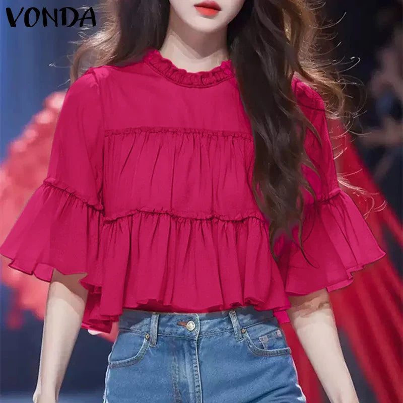 VONDA Women Ruffled Shirts 2025 Casual Flare Sleeve Tops Bohemian Blusas Solid Color Elegent Blouse Female Summer Tunic Oversize