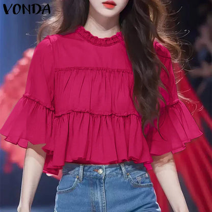 VONDA Women Ruffled Shirts 2025 Casual Flare Sleeve Tops Bohemian Blusas Solid Color Elegent Blouse Female Summer Tunic Oversize