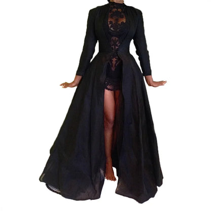 Women Sexy Dress Two Piece Sets Lace Hollow Out Spliced Long Dresses Full Sleeve Tight Waist Gown Evening Vestidos Party Prom