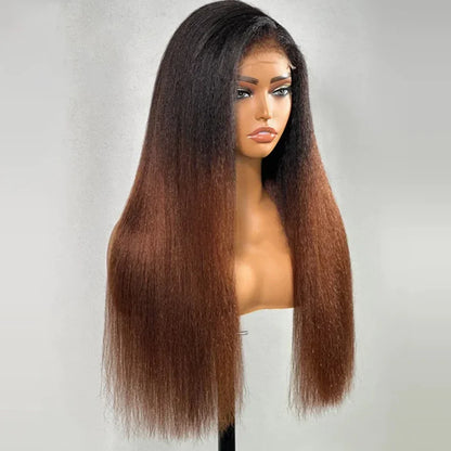 Yaki 26 inch 180Density Soft Long Ombre Blonde Kinky Straight Lace Front Wig For Women With BabyHair Preplucked Natural Hairline
