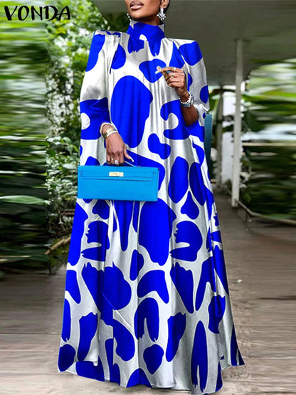 VONDA Women Elegant Printing Maxi Long Dress 2025 Casual Stand Collar Robes Bohemian Bat-wing Sleeve Party Vestidos Oversized