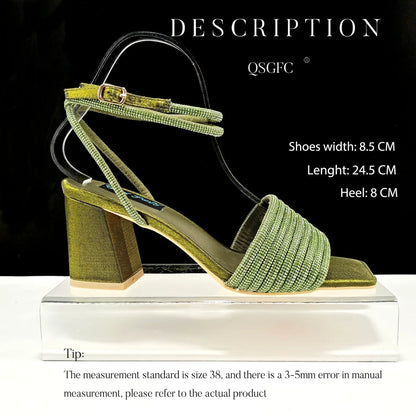 Newest Olive Colour Personalized  Design Rhinestone Decoration High Heel Peep Toe Banquet Ladies Shoes And Bag Set