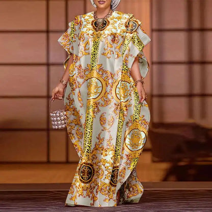 VONDA 2024 Elegant Satin Long Dress Fashion European Maxi Long Dress Sexy Printed Patchwork Bat-wing Sleeve Vestidos Ruffle Robe