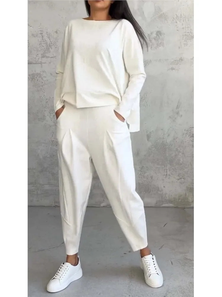 Spring Autumn Solid Women's Sports Set New Fashion Long Sleeve Irregular Loose Top Harem Pants Two Piece Set For Women Outfits