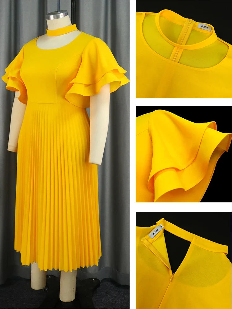 Plus Size A Line Dresses Yellow Butterfly Short Sleeve Cut Out High Waist Office Work Daily Evening Party Outfits for Women 2024