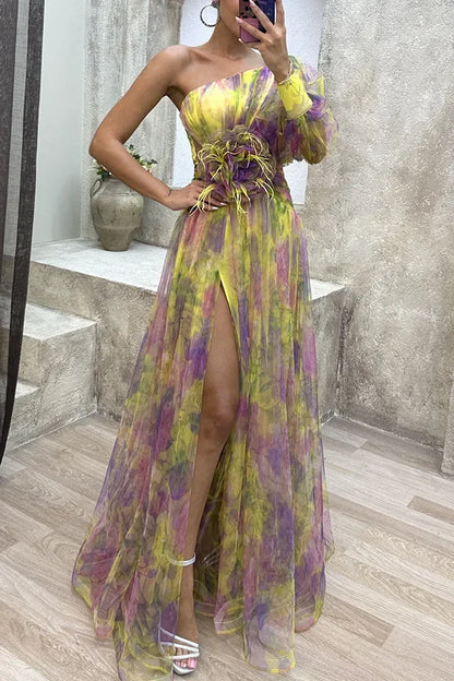 Women New Party Mesh Sloping Shoulder Dress Casual Fashion Sexy High Waist Long Maxi Loose Dress