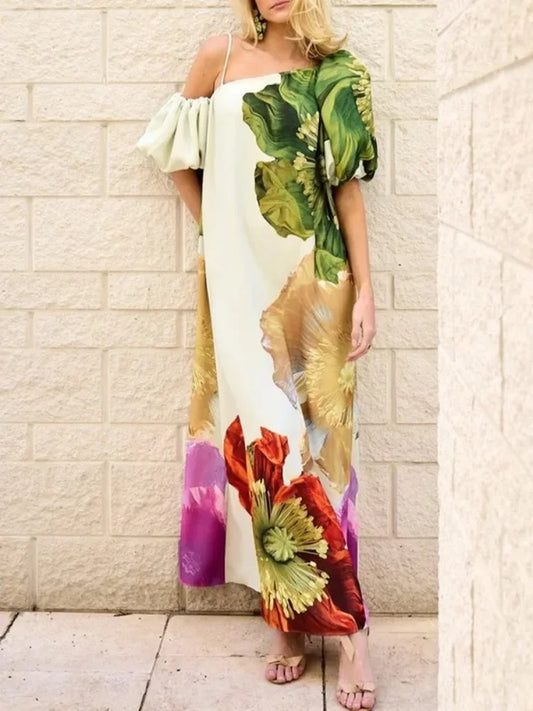UOOZEE 2025 New Women Fashion Elegant Floral Printed Evening Maxi Dresses Loose One-Shoulder H-line Vacation Bohemia Dress