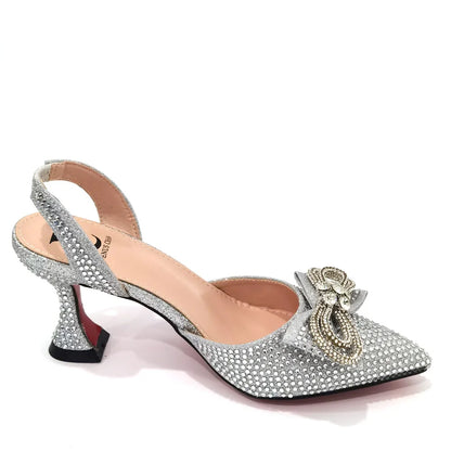 The Latest Style Rhinestone Bow Side Empty Party High Heels Pointed Toe Stiletto Heels Silver Women's Shoes And Bags