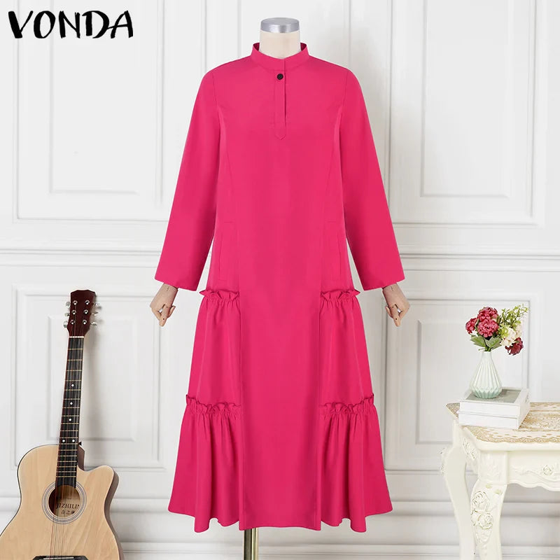 Plus Size VONDA Women Ruffled Maxi Long Dress 2024 Casual Solid Color A-Line Shirt Dress Stand Collar Long Sleeve Party Vestido