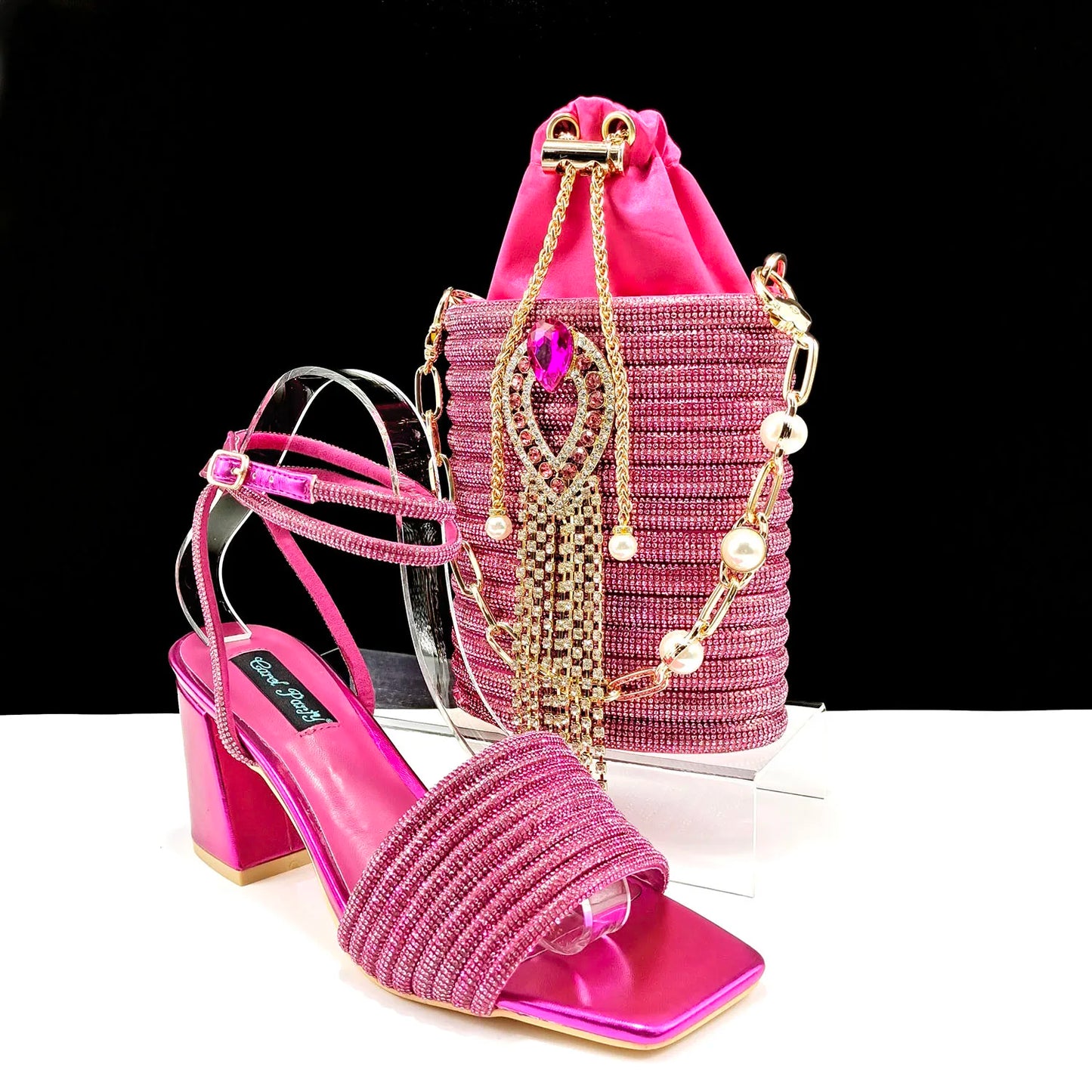 Newest Olive Colour Personalized  Design Rhinestone Decoration High Heel Peep Toe Banquet Ladies Shoes And Bag Set