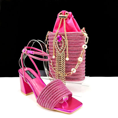 Newest Olive Colour Personalized  Design Rhinestone Decoration High Heel Peep Toe Banquet Ladies Shoes And Bag Set