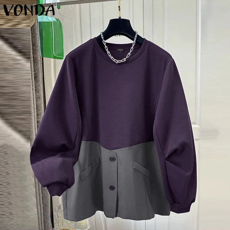 VONDA Casual Pullovers Round Neck Hoodies Spring Patchwork Contrasting Button Long Sleeved Sweatshirts 2025 Oversized Blouses