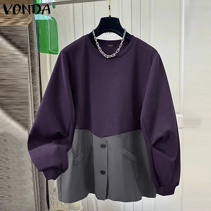 VONDA Casual Pullovers Round Neck Hoodies Spring Patchwork Contrasting Button Long Sleeved Sweatshirts 2025 Oversized Blouses