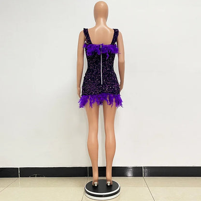 Spring And Summer Women's Clothing MINI Short Solid Color New Wind Sequins Halter Beach Dress One-word Shoulder Feathers Spice G