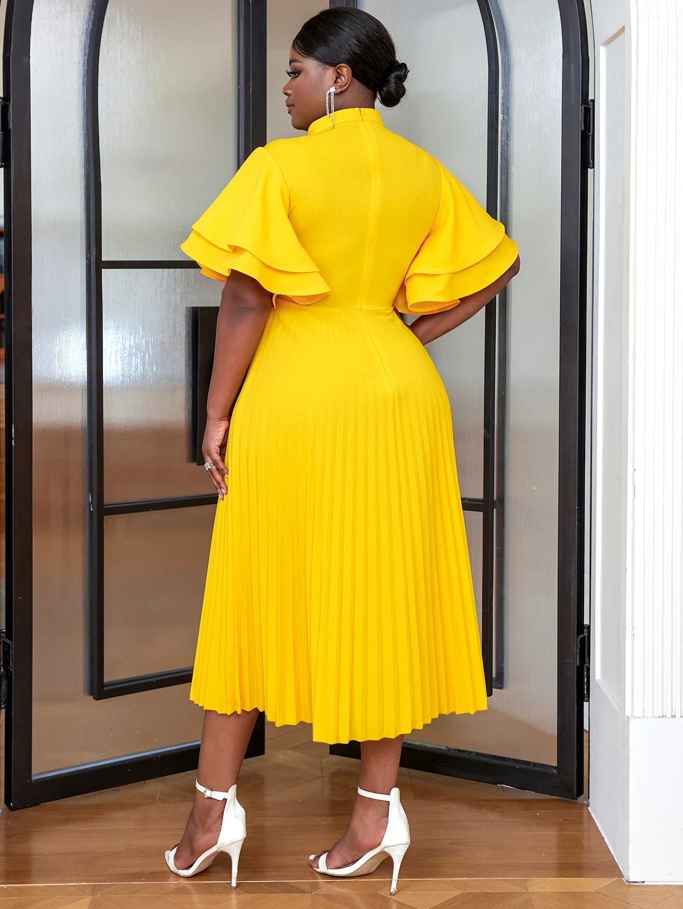 Plus Size A Line Dresses Yellow Butterfly Short Sleeve Cut Out High Waist Office Work Daily Evening Party Outfits for Women 2024