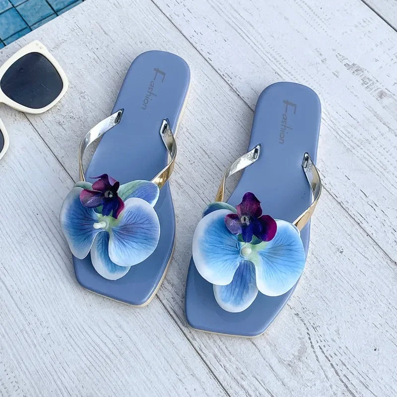 New Flip Flops Women's Slippers 2025 Summer Square Toe Flat Sandals Outdoor Casual Slippers Women Fashion Flowers Shoes Ladies