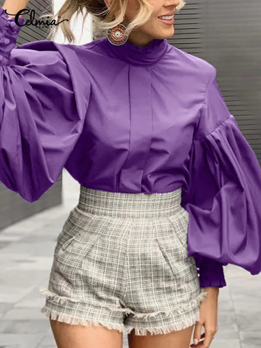 ZANZEA Fashion Shirts and Blouses for Women Purple Tops 2024 Elegant Long Lantern Sleeve Autumn Solid Color Chic Blusa Oversized