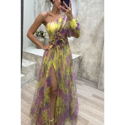 Women New Party Mesh Sloping Shoulder Dress Casual Fashion Sexy High Waist Long Maxi Loose Dress
