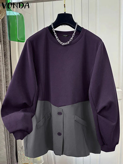 VONDA Casual Pullovers Round Neck Hoodies Spring Patchwork Contrasting Button Long Sleeved Sweatshirts 2025 Oversized Blouses