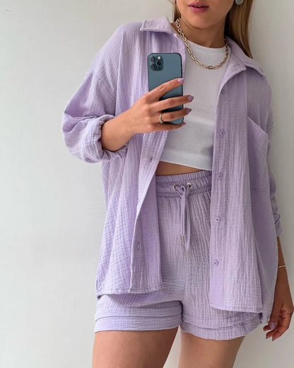 Women's Short Sets 2 Pcs Sale Grass Green Loose Button Cardigan Blouse Coats & Drawstring Wide Leg Loose Short Pant Suits