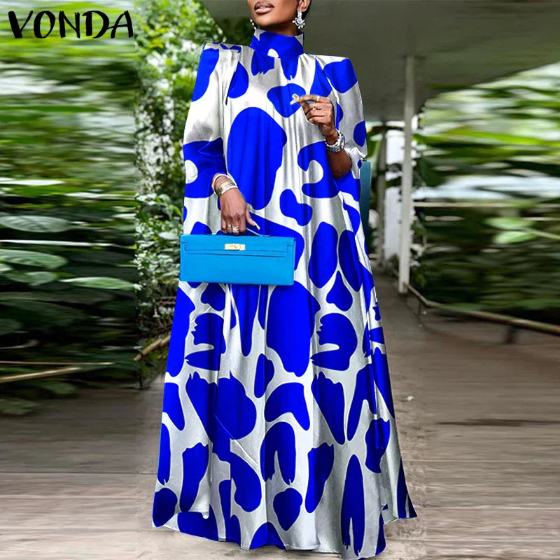 VONDA Women Elegant Printing Maxi Long Dress 2025 Casual Stand Collar Robes Bohemian Bat-wing Sleeve Party Vestidos Oversized